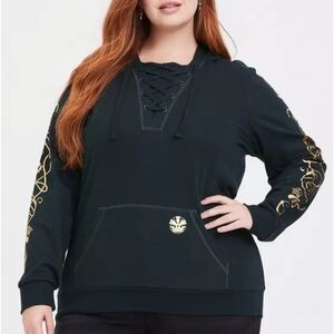Plus Lace-Up Black Hoodie with Gold Sleeve Detail - Women